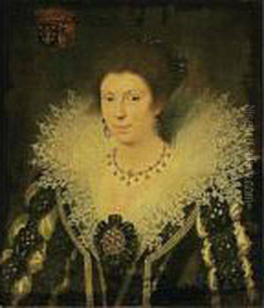 A Portrait Of Marie D'enghien De
 Kestergat, Lady D'eyseringhem (died 1649), Bust Length, Wearing A Black
 And White Satin Dress Decorated With Pearls, Together With An Elaborate
 Lace Collar, A Headdress, A Golden Necklace And Earrings Oil Painting by Frans Pourbus the younger