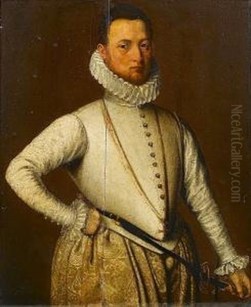 Portrait Of A Gentleman, 
Standing, Three-quarter-length, In A White Doublet And Gold Brocade Hose Oil Painting by Pieter Pourbus