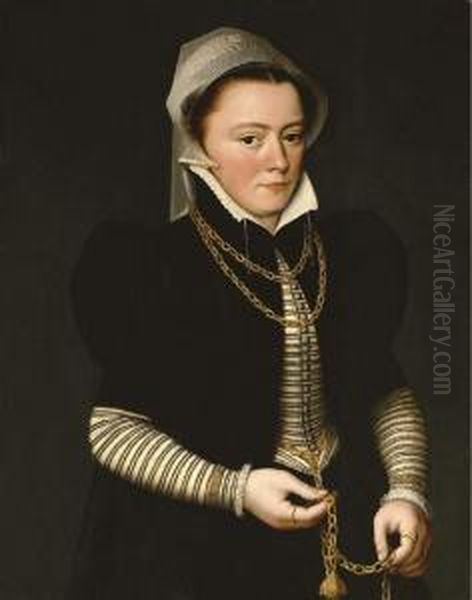 Portrait Of A Lady, 
Three-quarter Length, Wearing A Striped Bodice And Black Coat, Holding A
 Pomander On A Gold Chain Oil Painting by Pieter Pourbus