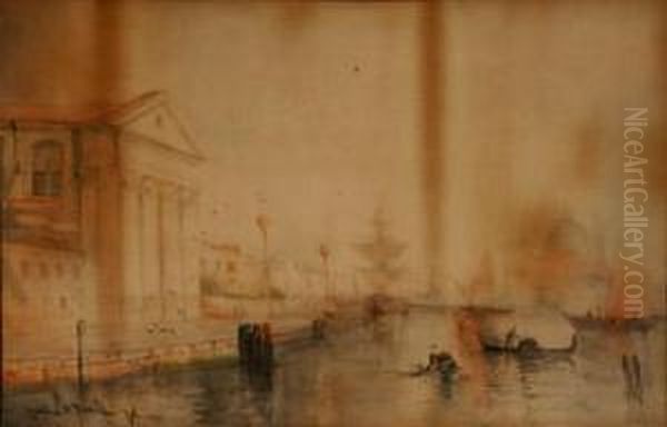 Venetian Canal Scene With A View Of The Dogana And Santamaria Della Salute Oil Painting by Lucien Whiting Powell