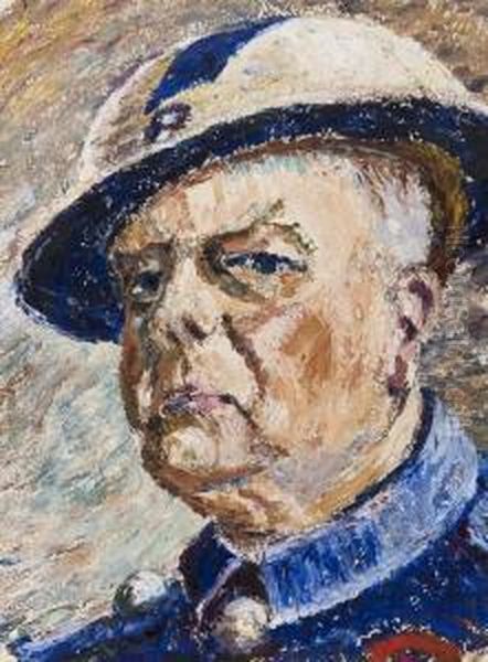 Self Portrait As An Arp Wwii Warden Oil Painting by Cyril E. Power