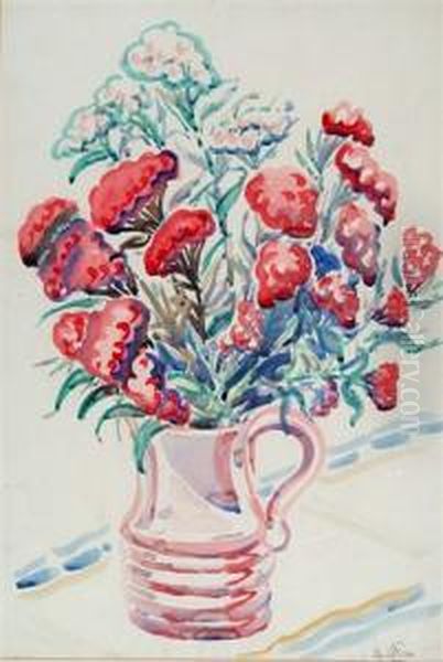 Still Life - A Tankard With Red And White Flowers Oil Painting by Cyril E. Power