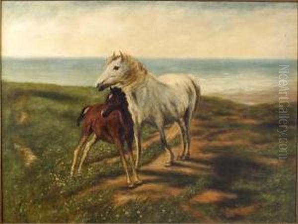 Mare And Foal On A Cliff Path Oil Painting by Harold Septimus Power