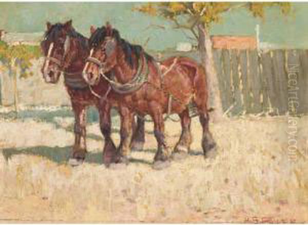 Draught Horses In Sunny Landscape Oil Painting by Harold Septimus Power