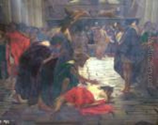 Follower Of Edward John Poynter- Figures In A Classical Temple Oil Painting by Sir Edward John Poynter