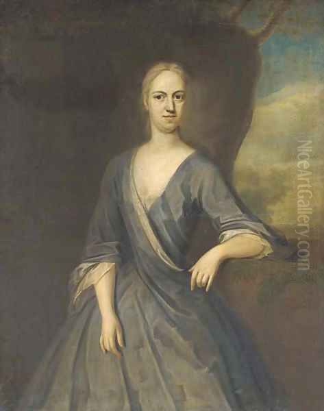 Portrait of Mary Frederick, Mrs Powell, three-quarter-length, in a blue dress, her left arm on a plinth, with a landscape beyond Oil Painting by Michael Dahl