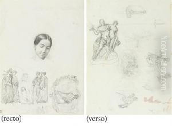 The Head Of A Young Woman, 
Studies For The Infant Herculesstrangling Snakes And For A Virgin And 
Child (recto); Studies Forsculpture And Of A Sword (verso) Oil Painting by James Pradier