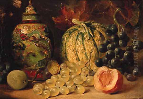 Grapes, Plums, a Peach, a Gourd and a Chinese Vase Oil Painting by William Duffield