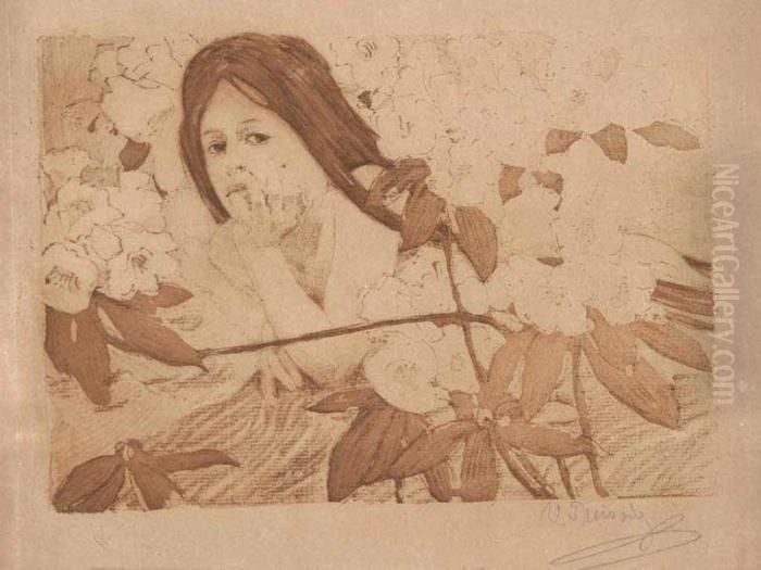 A Girl With A Rhododendron Oil Painting by Vojtech Adalbert Preissig