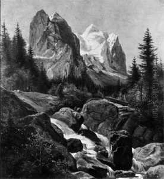In Den Schweizer Alpen. Blick 
Auf Well- Und Wetterhorn. Ol Auf Papier. H 38,7; B 36 Cm. Tafel Oil Painting by Friedrich I Preller