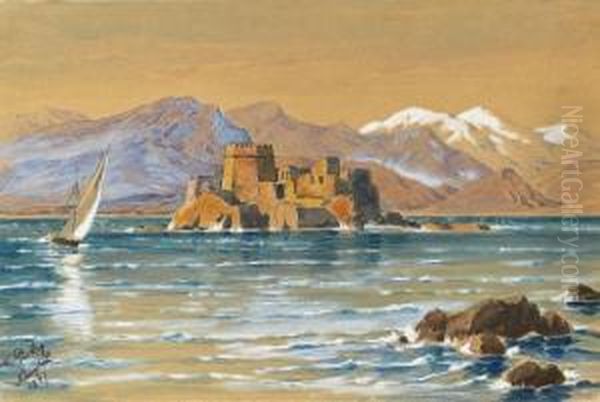 Die Festung Bourtzi Vor Nauplia Oil Painting by Friedrich I Preller
