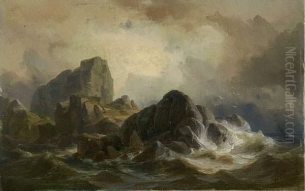 Felsen In Brandung (skudesnaes, Norwegen). 1846 Oil Painting by Friedrich I Preller
