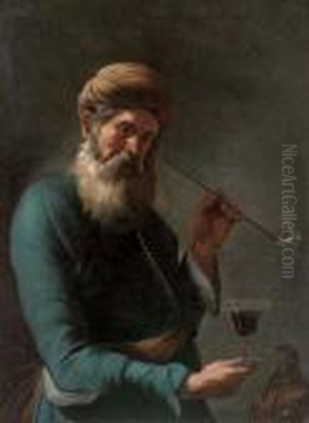 A Bearded Man, 
Three-quarter-length, In Oriental Costume, Smoking A Pipe, A Glass Of 
Wine In His Right Hand Oil Painting by Gregorio Preti
