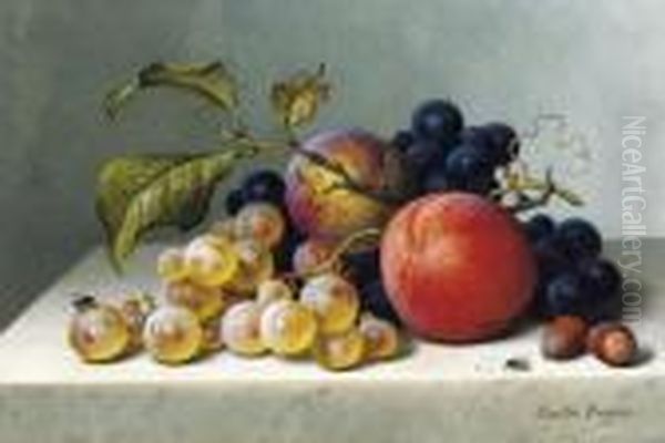 Peaches And Grapes On A Marble Ledge Oil Painting by Emilie Preyer
