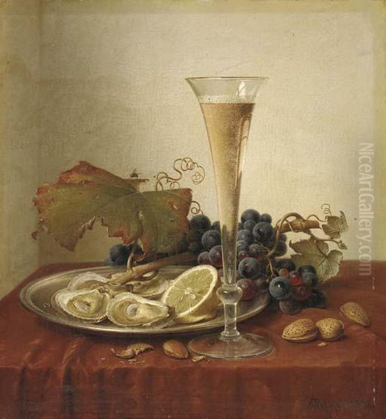 Grapes, Oysters, Hazlenuts And A Champagne Flute On A Draped Ledge Oil Painting by Johann Wilhelm Preyer