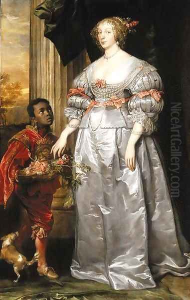 Portrait of a lady, full-length, in a white satin dress, a liveried page-boy holding a bowl of roses at her side Oil Painting by Sir Anthony Van Dyck