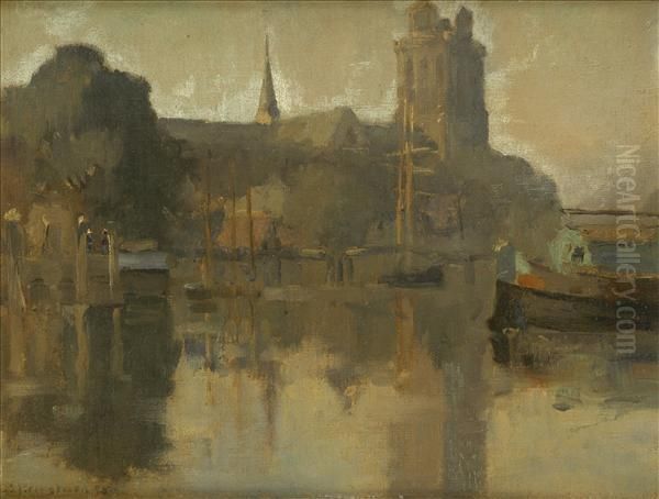 Priestman, R.a. Dordrechton The Maas, An Evening Scene With Fishing Boats Oil Painting by Bertram Walter Priestman