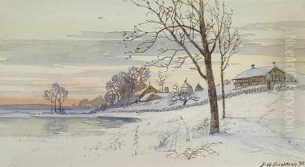 Lakeside Farm In The Snow At Sunset Oil Painting by Bertram Walter Priestman