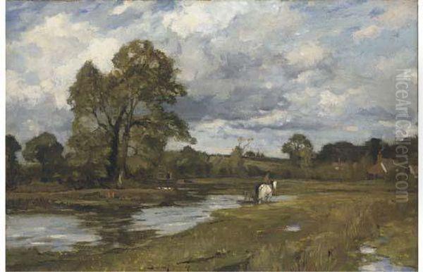 Horse And Rider Along A Country Stream Oil Painting by Bertram Walter Priestman