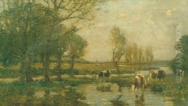 Cattle Watering In An Extensive Landscape Oil Painting by Bertram Walter Priestman