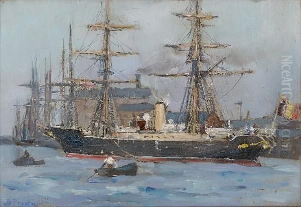 A Belgian Auxiliary Steamer In Ostend Docks Oil Painting by Bertram Walter Priestman