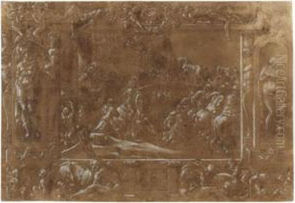 Design For A Wall Decoration: 
The Trojans Bringing The Wooden Horse Into Their City Walls, With 
Ornamental Borders Including Venus And Mars Oil Painting by Francesco Primaticcio