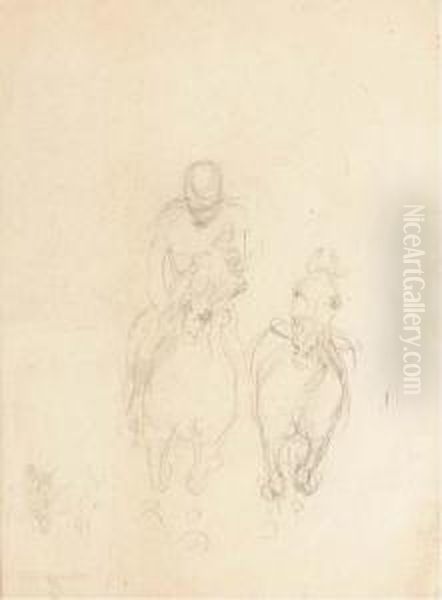 Deux Chevaux Avec Un Cavalier Vu De Face Oil Painting by Rene Pierre Princeteau