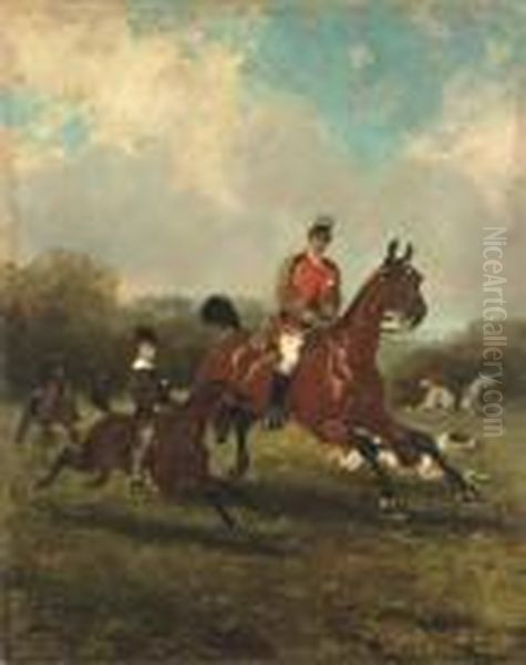 Le Comte Geoffroy De Ruille 
Chassant A Courre, Son Fils A Sescotes, Le Chateau De Gallerande Au Fond Oil Painting by Rene Pierre Princeteau