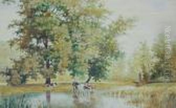 Krowy U Wodopoju Oil Painting by Antoni Stanislaw Procajlowicz