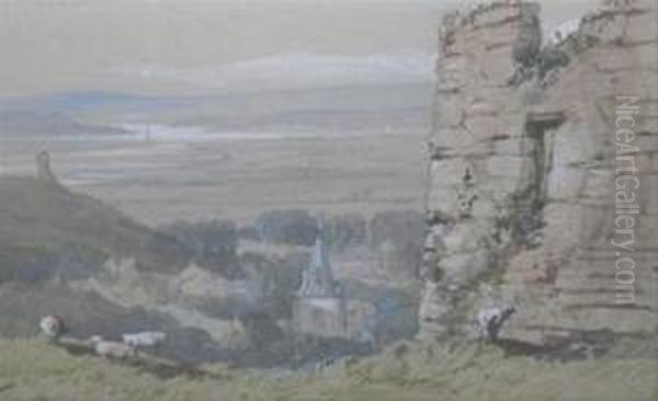 Sheep Before A Ruin And Estuary Oil Painting by Samuel Prout