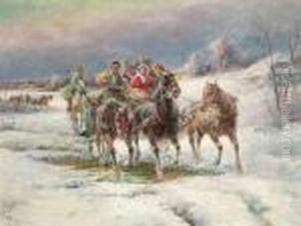 Hilarious Partyin A Troika In Wintry Landscape Oil Painting by Gustav Prucha