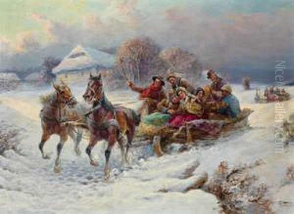 Frohliche Schlittenpartie Oil Painting by Gustav Prucha