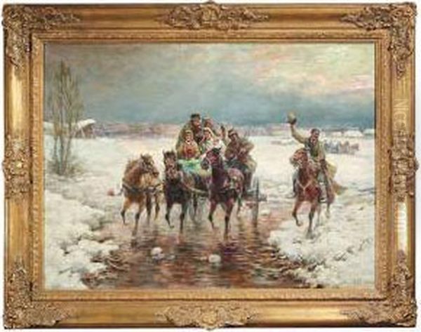 Wintry Landscape With A Small Wedding Party In A Troika Oil Painting by Gustav Prucha