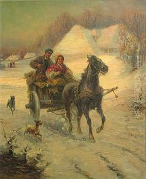 A Ride In The Snow Oil Painting by Gustav Prucha