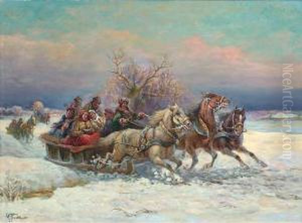 Russian Troika In A Wintry Landscape Oil Painting by Gustav Prucha