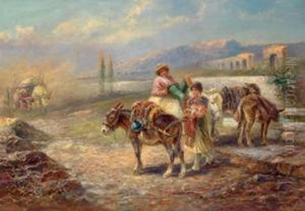 Bauernpaar Mit Maultieren In Campagna-landschaft Oil Painting by Gustav Prucha