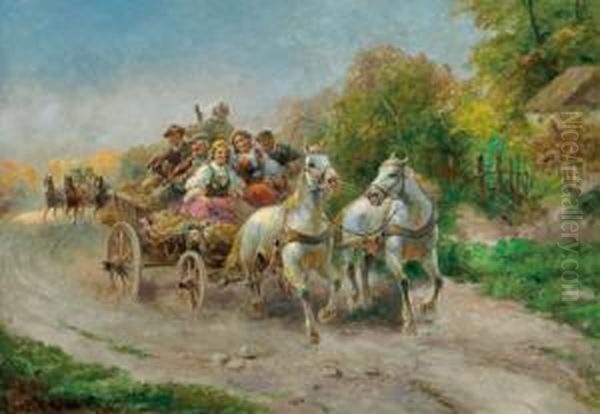 Merry Bridal Procession Oil Painting by Gustav Prucha