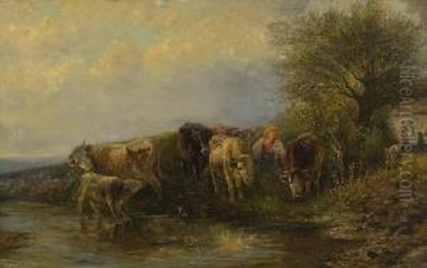 Magd Mit Kuhen An Der
 Tranke. Oil Painting by Gustav Prucha