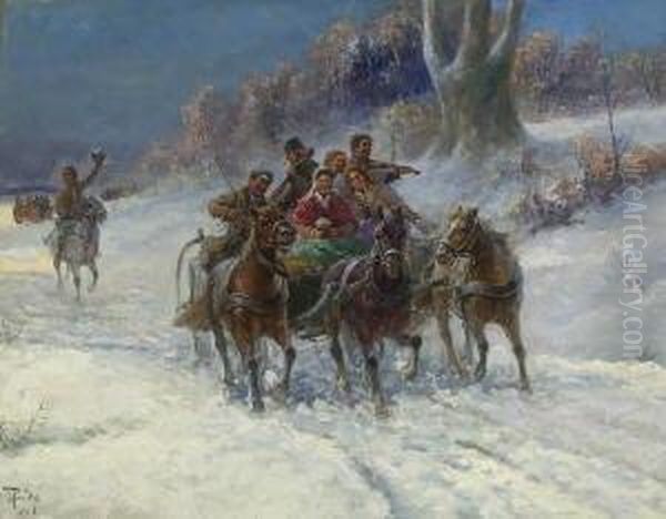 Brautzug In
 Winterlandschaft. Oil Painting by Gustav Prucha