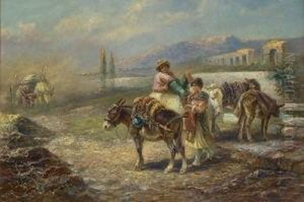 Bauernpaar Mit Maultieren Oil Painting by Gustav Prucha