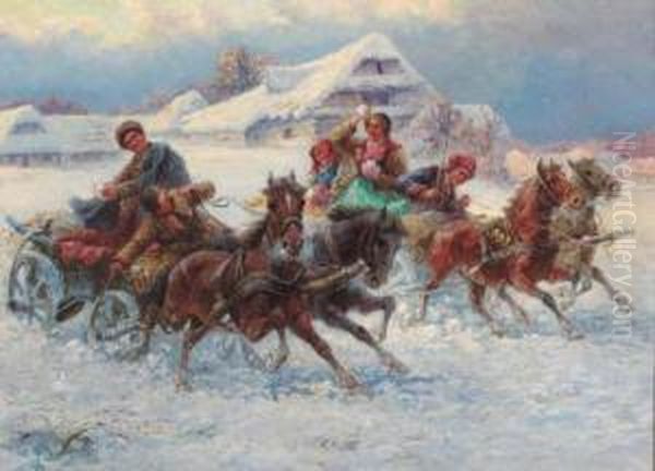The Snowball Fight Oil Painting by Gustav Prucha