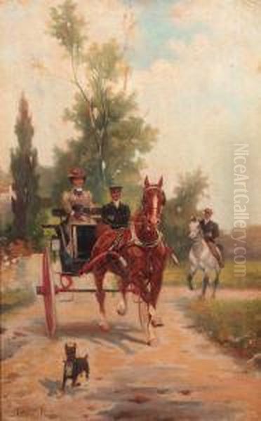 Carriage Ride Through The Park; An Elegant Couple In Acarriage Oil Painting by Gustav Prucha