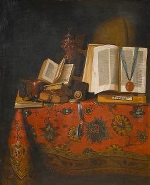 A Vanitas Still Life With Books,
 A Globe And A Silver-gilt Beaker And Cover, On A Table Draped With A 
Turkish Carpet Oil Painting by Pseudo Roestraten