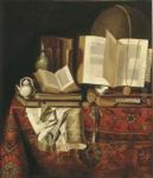 A Silver Jug And A Teapot, A 
Watch, A Golden Chain, A Teapot, Booksand Documents On A Draped Table Oil Painting by Pseudo Roestraten