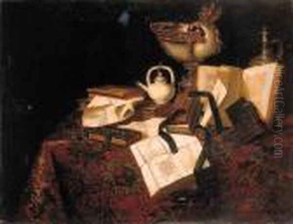 A Vanitas Still Life: A Silver 
Gilt Mounted Nautilus Cup, With Afopwatch, A Silver Jug And A Teapot, 
Books And Documents On Adraped Table Oil Painting by Pseudo Roestraten