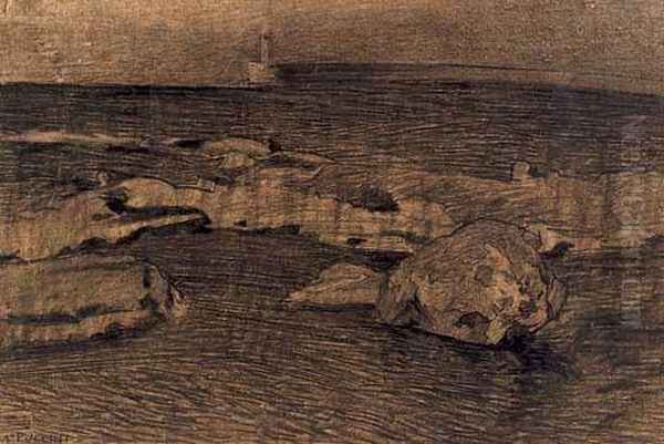 La Vegliaia, Pioggia Al Molo Oil Painting by Mario Puccini