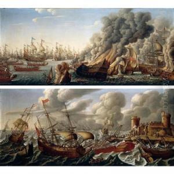 A Coastal Landscape With 
Shipping On Stormy Seas, Figures On The Shore By A Ruined Castle Oil Painting by Pierre Puget