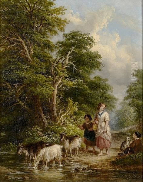 Driving Goats Across A Stream; Country
 Entertainments Oil Painting by John Anthony Puller
