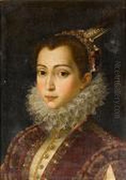 Portrait Of A Young Lady, 
Bust-length, In Acrimson Embroidered Dress With A White Lace Ruff And A 
Headdress Ofpearls, Flowers And Feathers Oil Painting by Scipione Pulzone