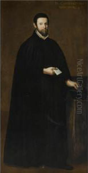 Portrait Of A Gentleman, Full 
Length, Wearing A Black Cloak And Holding A Black Hat And A Letter Oil Painting by Scipione Pulzone